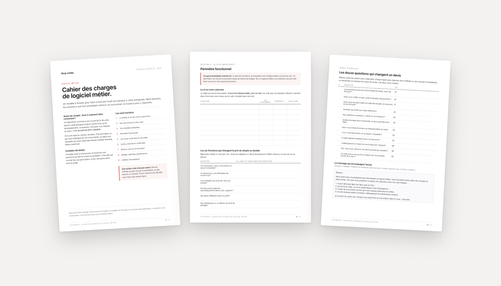 Trois pages du modèle de cahier des charges de logiciel métier : la couverture, la section périmètre fonctionnel avec son tableau de tri, et la liste des douze questions qui changent un devis
